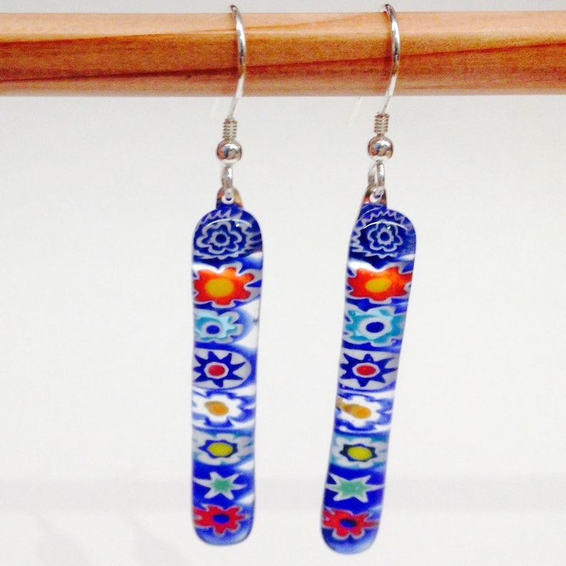 Sterling Silver /& Blue Murano Glass Millefiori Drop Earrings.