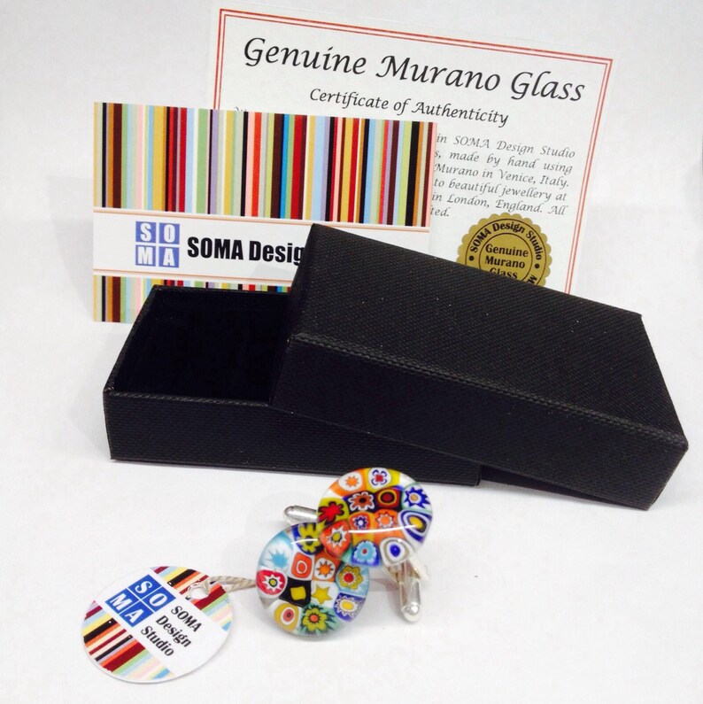 Chunky Silver Plated Cufflinks Inlaid with Unique Hand-Made Glass Millefiori Stars Blue Star Pattern Glass Cufflinks