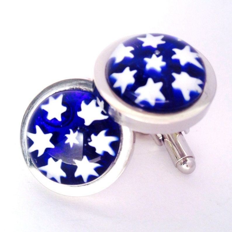 Chunky Silver Plated Cufflinks Inlaid with Unique Hand-Made Glass Millefiori Stars Blue Star Pattern Glass Cufflinks
