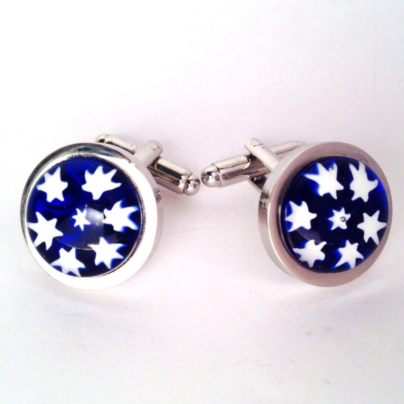 Chunky Silver Plated Cufflinks Inlaid with Unique Hand-Made Glass Millefiori Stars Blue Star Pattern Glass Cufflinks