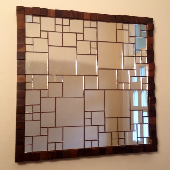 Square Mosaic Mirror Tile & Walnut Wood Block Art Deco 3D Wall Panel 