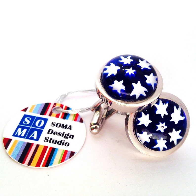 Chunky Silver Plated Cufflinks Inlaid with Unique Hand-Made Glass Millefiori Stars Blue Star Pattern Glass Cufflinks