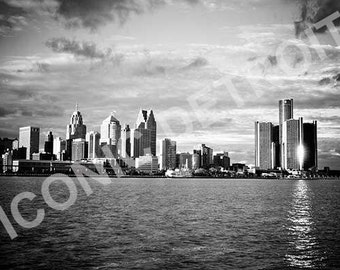 Detroit Photography - Detroit Skyline River Reflection, Black & White - Iconic Detroit Photo Print