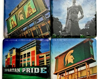 Set of 4 Michigan State University East Lansing Themed Coasters by Iconic Detroit - Mix and Match - Tumbled Stone Coasters