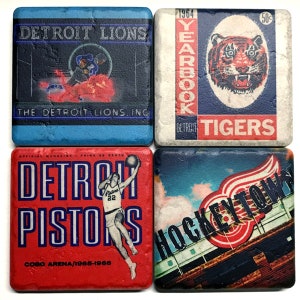Set of 4 Detroit Sports Icons Themed Coasters by Iconic Detroit - Mix and Match - Tumbled Stone Coasters