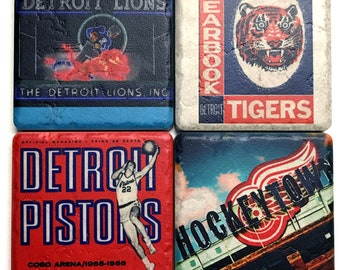 Set of 4 Detroit Sports Icons Themed Coasters by Iconic Detroit - Mix and Match - Tumbled Stone Coasters