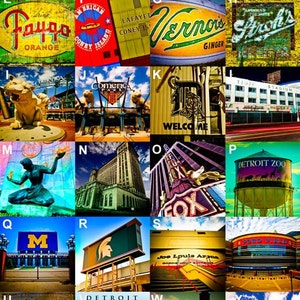 May include: A collage of 20 images showcasing various landmarks and signs from Detroit, Michigan. The images are arranged in a grid pattern and labeled with letters from A to X. Some of the images include the Detroit Tigers logo, the Fox Theatre marquee, and the Detroit Zoo water tower.