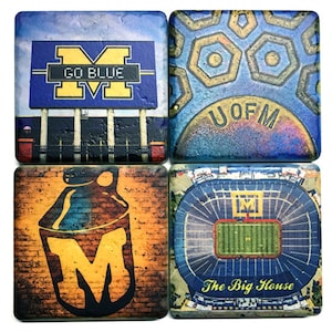 Set of 4 University of Michigan Ann Arbor Themed Coasters by Iconic Detroit - Mix and Match - Tumbled Stone Coasters