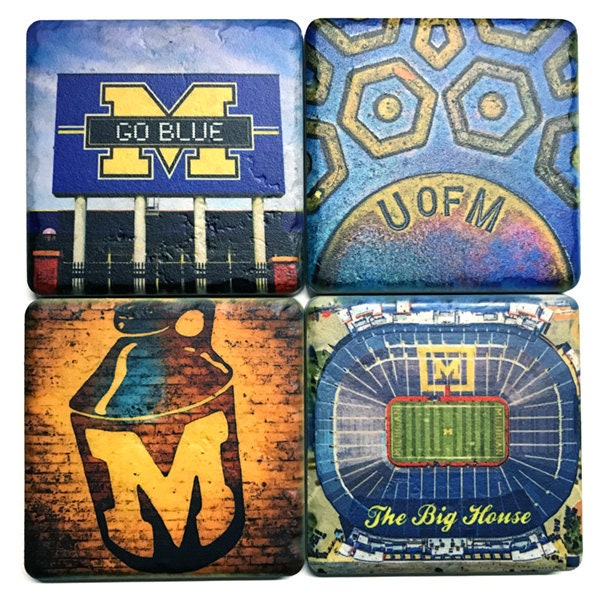 Set of 4 University of Michigan Ann Arbor Themed Coasters by Iconic Detroit - Mix and Match - Tumbled Stone Coasters