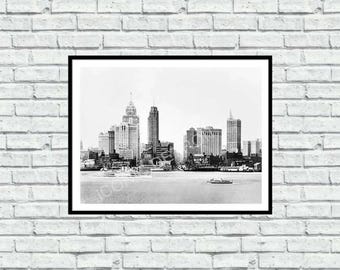 Historic Detroit River Skyline Black & White - Iconic Detroit Photography - Wall Art