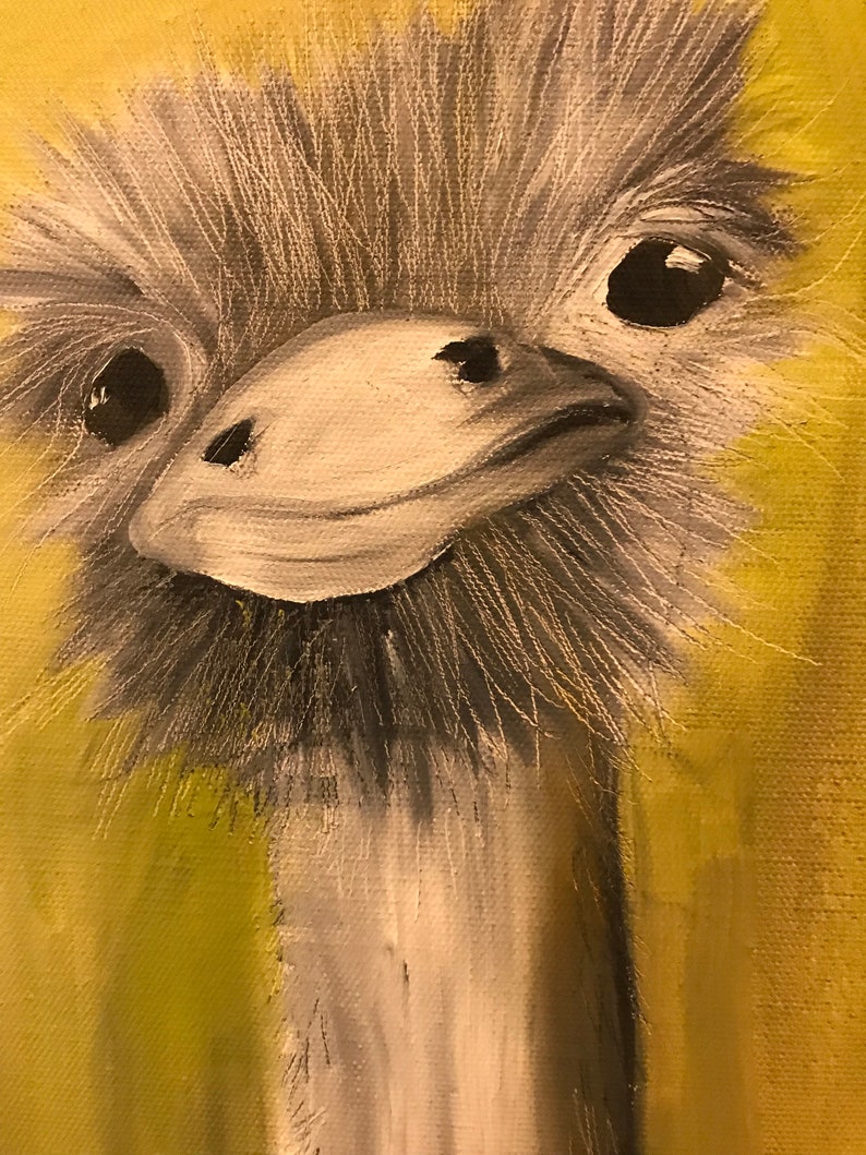 funny and quirky animal portrait. original oil painting an ostrich