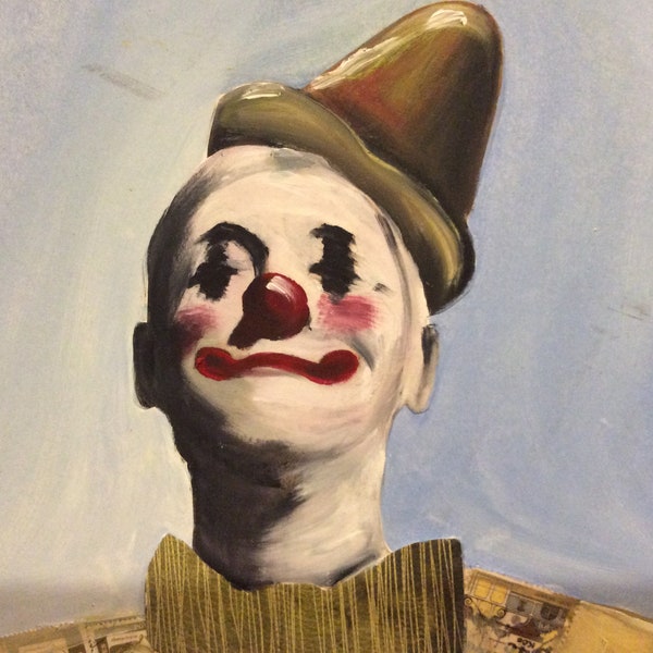 Clown original oil painting , signed, bright and quirky artwork , contemporary portrait .