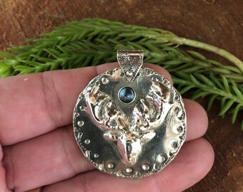 Hand Stamped Sterling Silver Deer Pendant with Opal