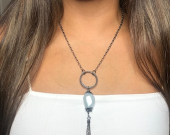 Raw Aquamarine Sterling Silver Tassel Necklace, Handmade Jewelry