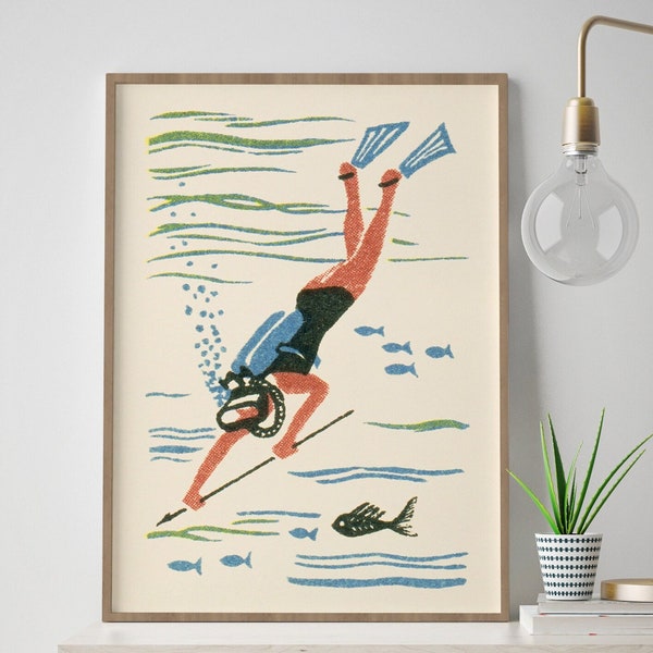 Scuba Diver Print | Vintage Maritime Art | Jacques Cousteau | Bathroom Decor | Spearfishing Poster