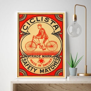 Vintage Cycling Art Print: Retro Swedish Matchbox Label