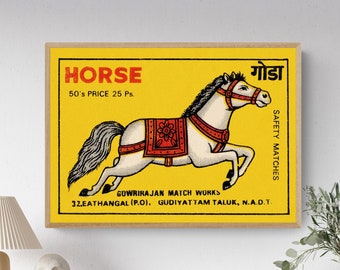 Vintage Indian Matchbox Label Art Print - White Horse on Warm Yellow Background