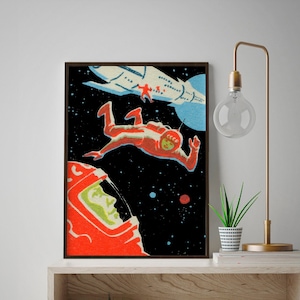 May include: A vintage-style illustration of an astronaut floating in space, with a spaceship in the background. The astronaut is wearing a red spacesuit with a helmet, and the spaceship is white with blue accents. The background is black with stars and planets.