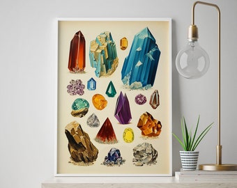 Impresión artística de cristales / Gráfico de mineralogía vintage / Arte mural de geología / Póster de piedras preciosas / Regalo decorativo único