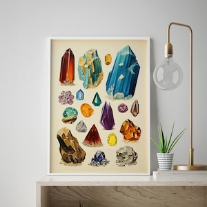 Impressão de arte de cristais | Gráfico de mineralogia vintage | Arte de parede de geologia | Pôster de pedras preciosas | Presente de decoração exclusivo