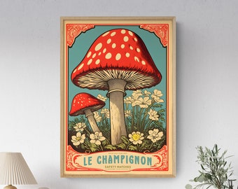 Red Toadstool Mushroom Art Print: Vintage French &#39;Le Champignon&#39; Design