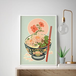 Vintage Floral Ramen Print Kitchen Wall Art Colorful Retro Gift Unique Home Decor Asian Noodle Design Pastel Aesthetics image 1