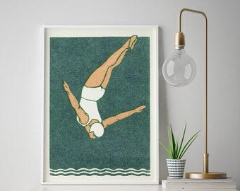 Diver Print | Art Deco Print | Vintage Maritime Style | Bathroom Decor | Swimming Poster