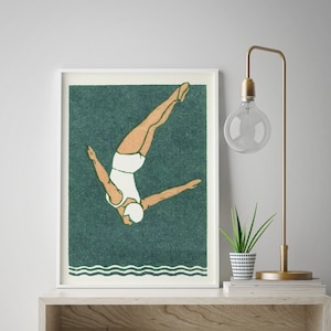 Diver Print Art Deco Print Vintage Maritime Style Bathroom Decor Swimming Poster image 1