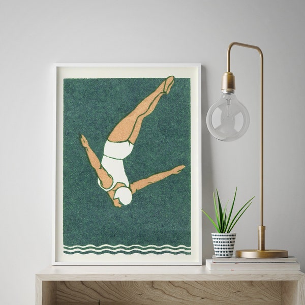 Taucher Druck | Art Deco Print | Vintage Maritimer Stil | Badezimmer Dekor | Schwimmen Poster