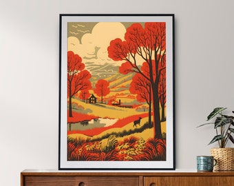 Vintage Rural Landscape Art Print | Rustic Countryside Wall Decor | Autumn Scene | Fall Decor