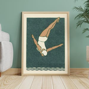 Diver Print | Unique Bathroom Decor | Art Deco Wall Art | Vintage Maritime Style |  | Swimming Poster