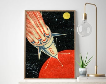 Vintage Space Rocket Art Print | Retro Matchbox Label Design | Futuristic Wall Decor