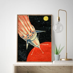 Vintage Soviet Space Rocket Art Print Retro Matchbox Label Design image 1