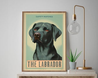 Impressão artística vintage de um Labrador Retriever preto | Design de etiqueta retrô para caixa de fósforos | Presente para amantes de cães
