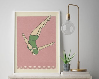 Diver Print | Art Deco Style | Pink Green Aesthetic | Vintage Maritime Syle | Bathroom Decor | Swimming Poster