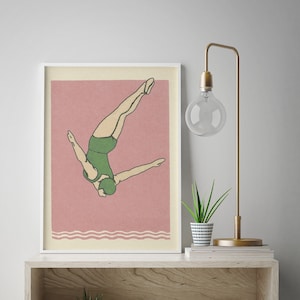 Art Deco Lady Swan Dive Print: Vintage Pink Green Bathroom Decor