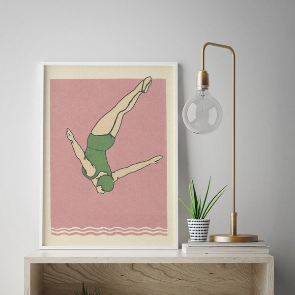 Diver Print | Art Deco Style | Pink Green Aesthetic | Vintage Maritime Syle | Bathroom Decor | Swimming Poster