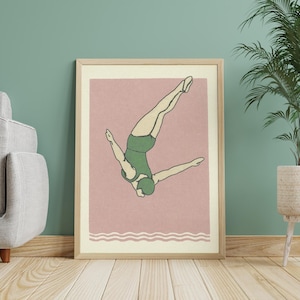Art Deco Diver Print | Unique Bathroom Decor | Vintage Maritime Style |  | Swimming Poster