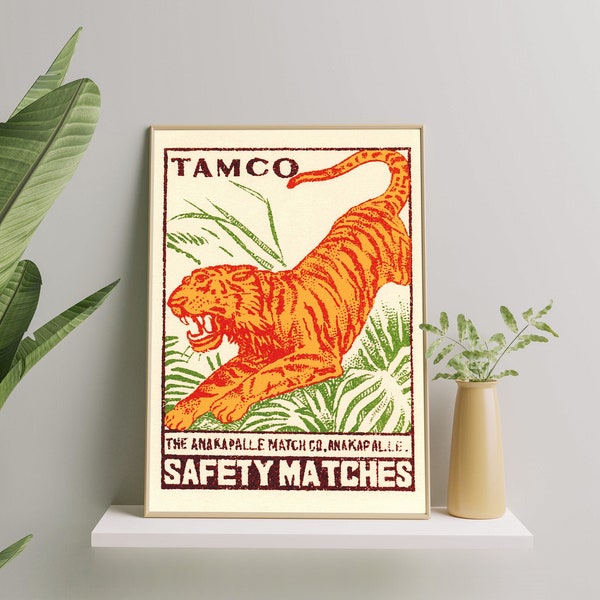 Tiger Art Print | Large Tiger Wall Art | Indian Print | Vintage Matchbox Illustration