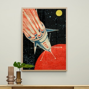 Vintage Soviet Space Rocket Art Print Retro Matchbox Label Design imagem 4