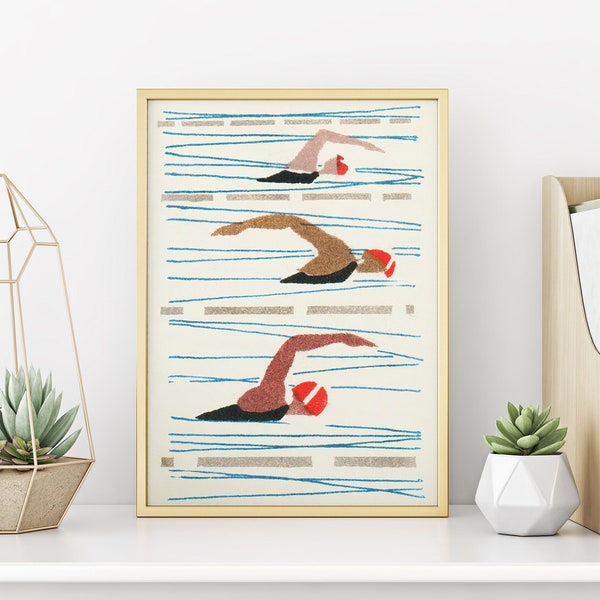 Swimming Race Print | Swimming Pool Art | Bathroom Decor | Retro Pool Poster | Unique Home Gift