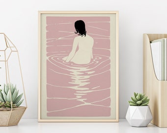 Bathing Woman Print | Bathroom Decor | Swimming Poster | Japandi Style | Japanese Wall Art