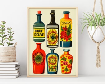 Mediterranean Kitchen Art Print | Colorful Olive Oil and Preserves Bottles | Vintage Style Decor