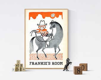 Personalized Vintage Cowboy Art Print: Western Kids Decor