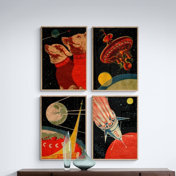 Sowjetunion Raum Drucke | Viererset | Sputnik Poster | Weltraum Wandkunst | Mid Century Modern