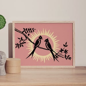 Lovebirds Romantic Art Print | Vintage Animal Prints | Valentines Poster | Large Wall Art | Pink Decor