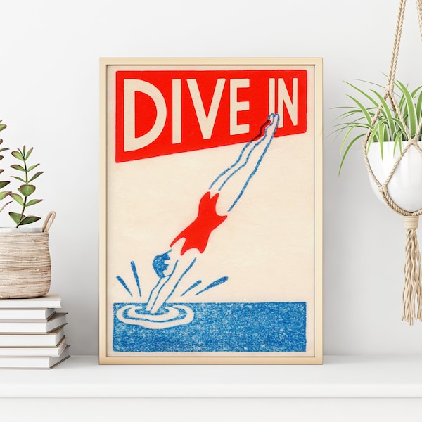 Diver Art Print | Art Deco Style | Vintage Maritime | Bathroom Decor | Swimming Poster | Dive In