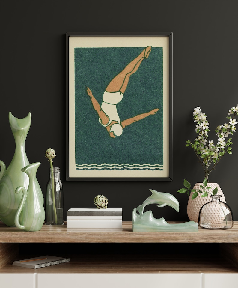 Diver Print Art Deco Print Vintage Maritime Style Bathroom Decor Swimming Poster image 3