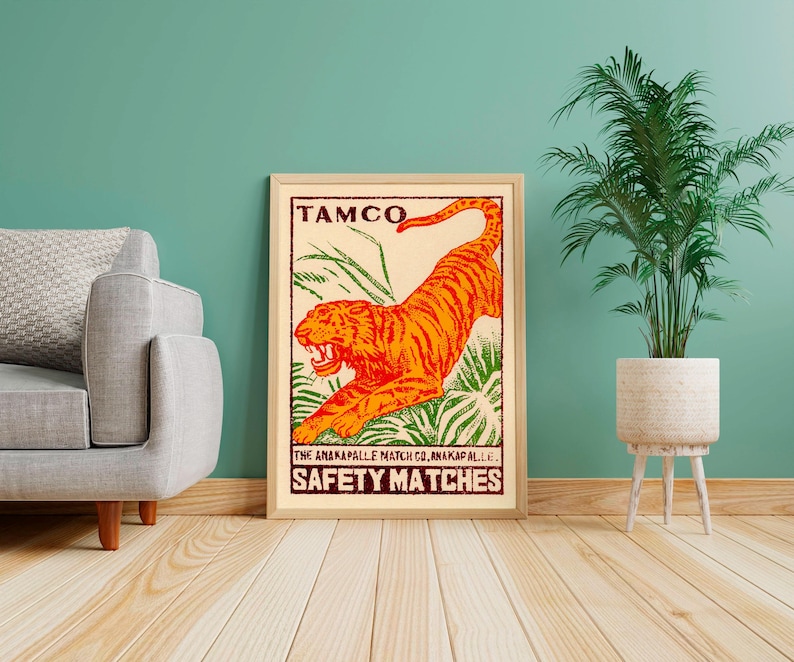 Vintage Tiger Art Print | Colourful Wall Decor | Boho Interior Decor | Big Cat Jungle Poster image 1