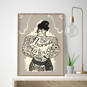 Tattoo Print Vintage Tattooed Man Traditional Tattoo Artist Tattoo Shop Decor Tattoo Studio Wall Art Gift Gray